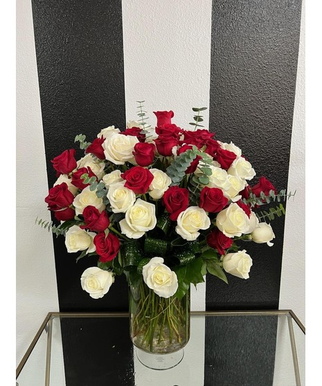 vivid flowers with white and black striped background